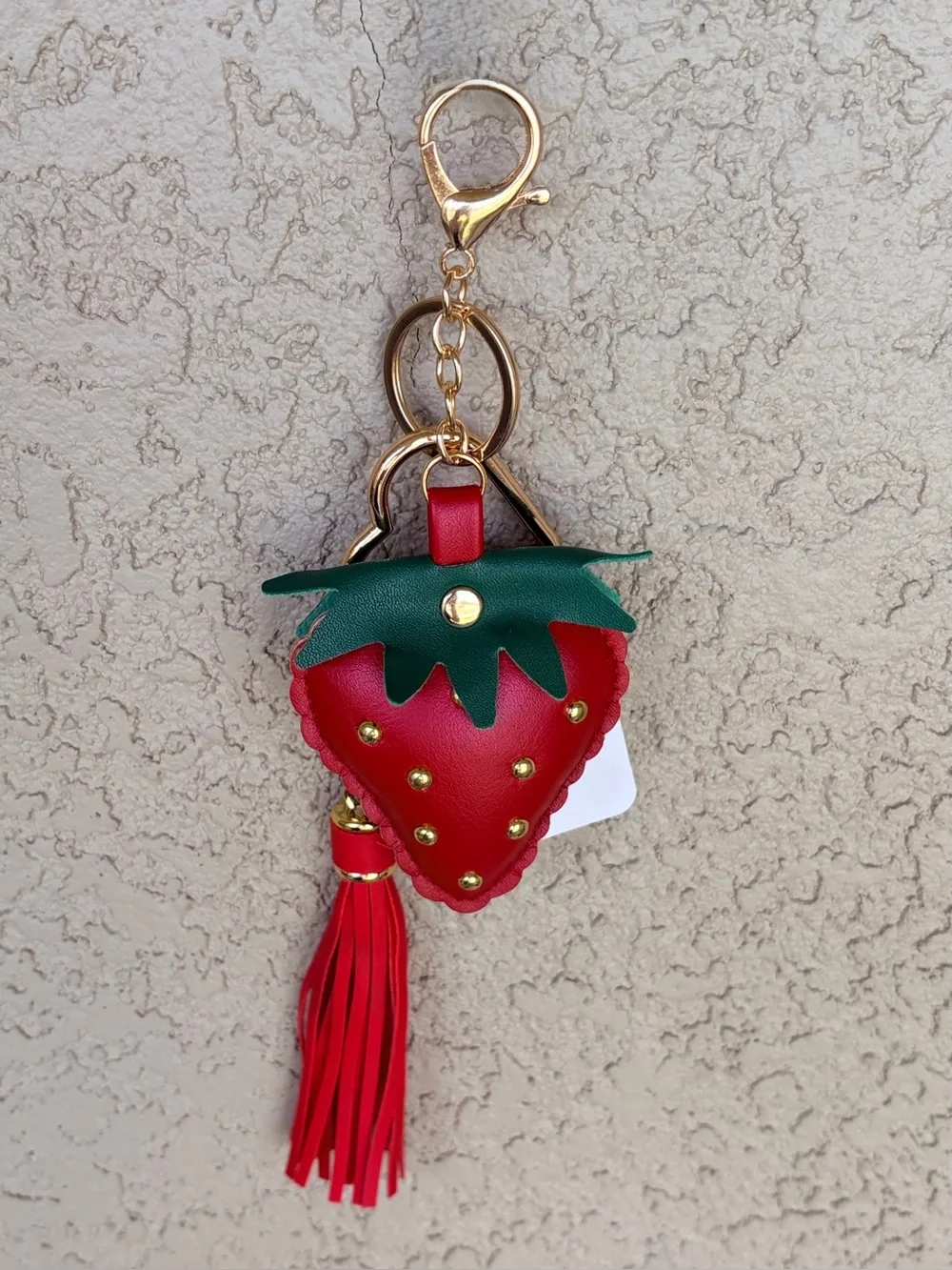 Studded Strawberry Tassel Keychain - Red & Green